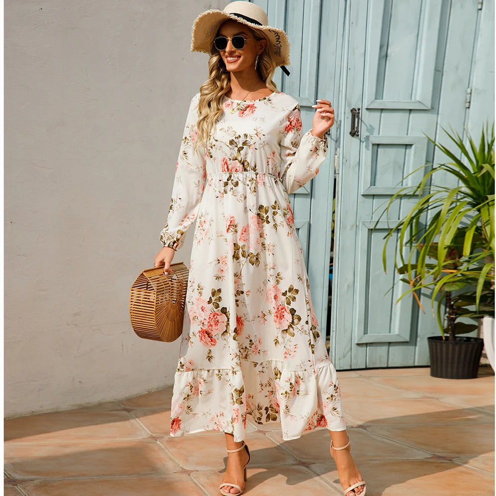 Boho Breeze Maxi Dress – Floral Chiffon, High Waist, Long Sleeve | Summer '23 Collection"
