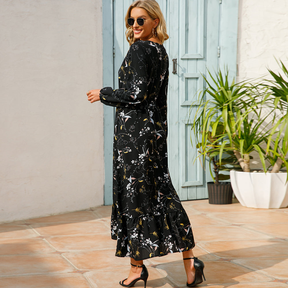 Boho Breeze Maxi Dress – Floral Chiffon, High Waist, Long Sleeve | Summer '23 Collection"