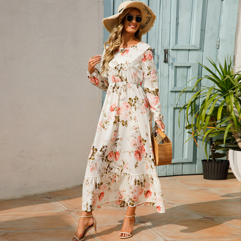 Boho Breeze Maxi Dress – Floral Chiffon, High Waist, Long Sleeve | Summer '23 Collection"
