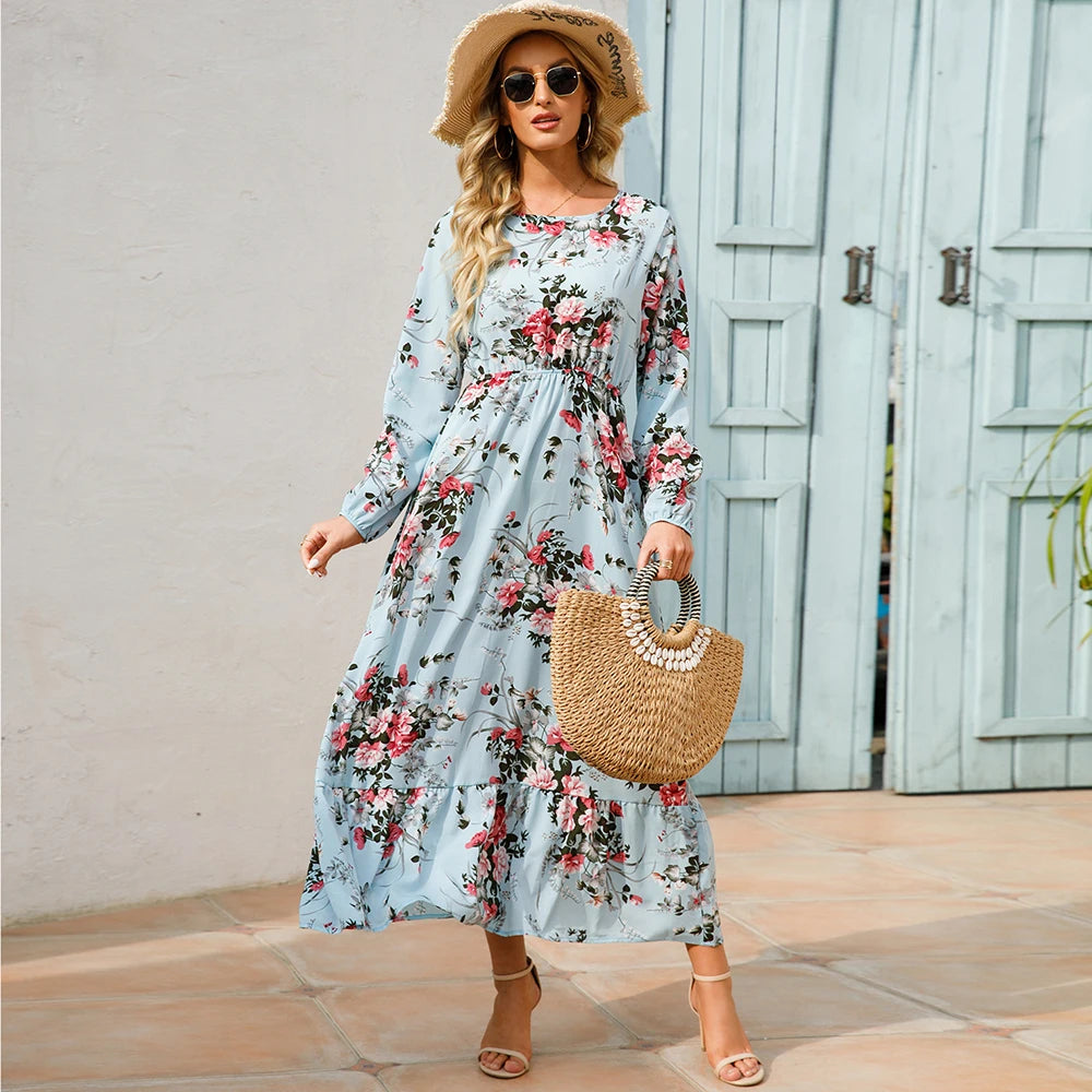 Boho Breeze Maxi Dress – Floral Chiffon, High Waist, Long Sleeve | Summer '23 Collection"