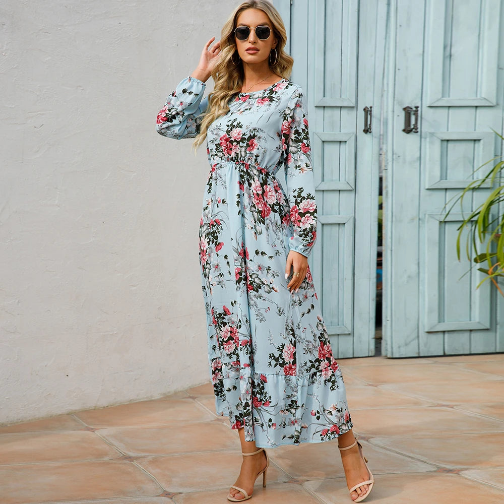 Boho Breeze Maxi Dress – Floral Chiffon, High Waist, Long Sleeve | Summer '23 Collection"