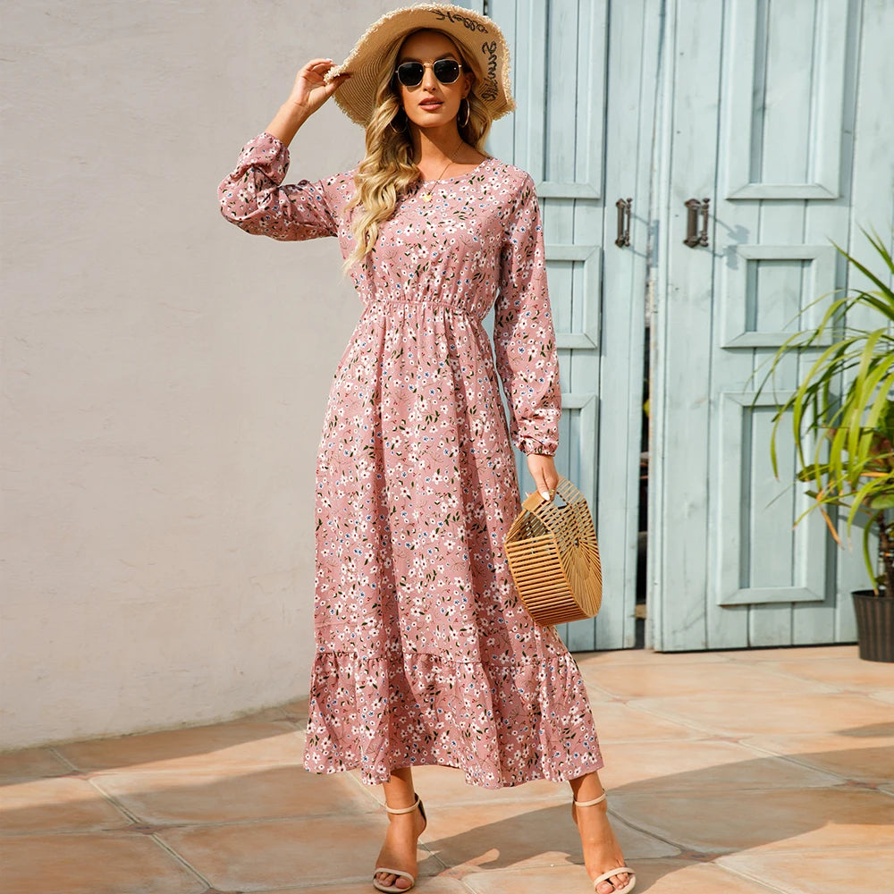 Boho Breeze Maxi Dress – Floral Chiffon, High Waist, Long Sleeve | Summer '23 Collection"