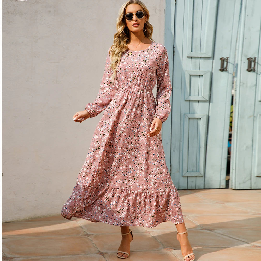 Boho Breeze Maxi Dress – Floral Chiffon, High Waist, Long Sleeve | Summer '23 Collection"