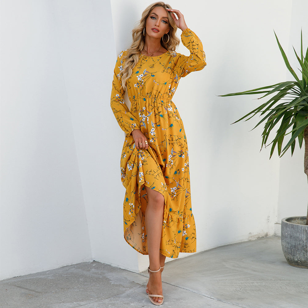 Boho Breeze Maxi Dress – Floral Chiffon, High Waist, Long Sleeve | Summer '23 Collection"
