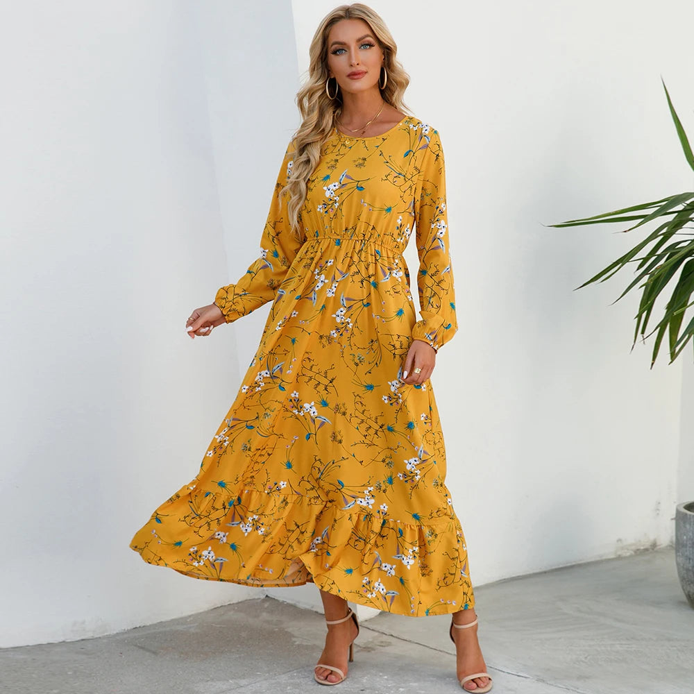 Boho Breeze Maxi Dress – Floral Chiffon, High Waist, Long Sleeve | Summer '23 Collection"