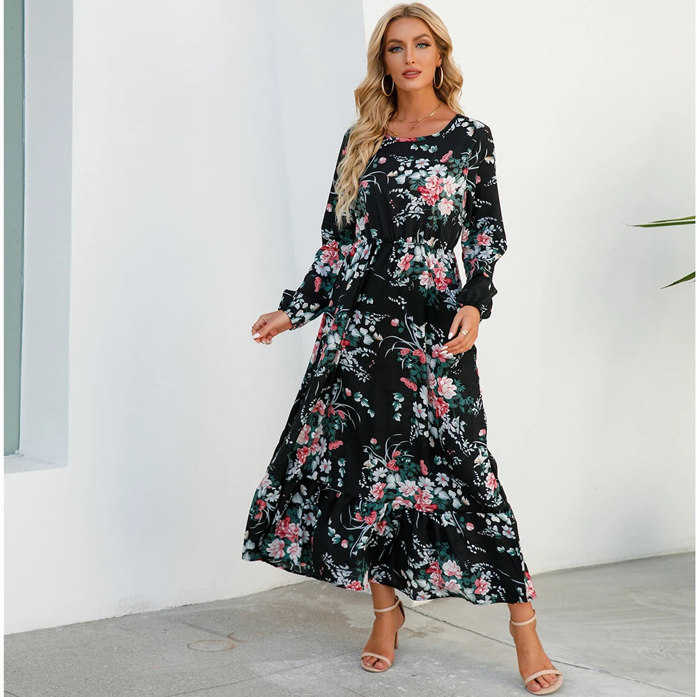 Boho Breeze Maxi Dress – Floral Chiffon, High Waist, Long Sleeve | Summer '23 Collection"
