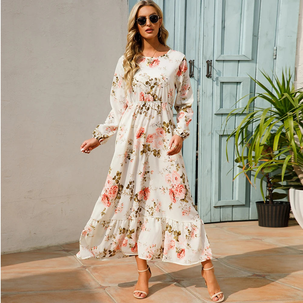 Boho Breeze Maxi Dress – Floral Chiffon, High Waist, Long Sleeve | Summer '23 Collection"