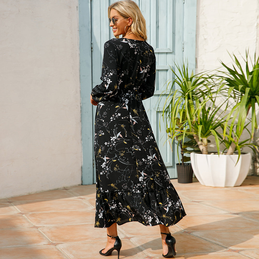 Boho Breeze Maxi Dress – Floral Chiffon, High Waist, Long Sleeve | Summer '23 Collection"
