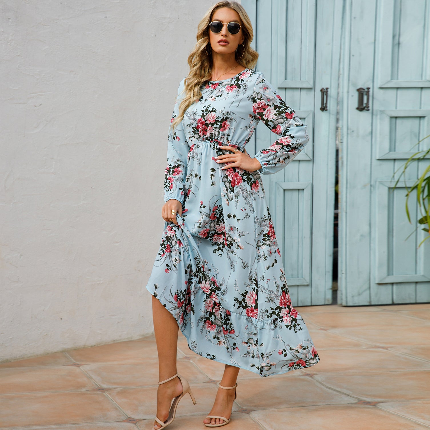 Boho Breeze Maxi Dress – Floral Chiffon, High Waist, Long Sleeve | Summer '23 Collection"