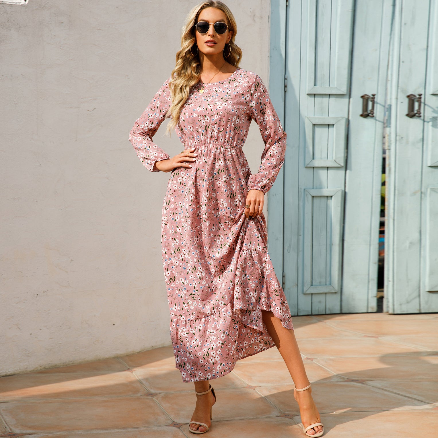 Boho Breeze Maxi Dress – Floral Chiffon, High Waist, Long Sleeve | Summer '23 Collection"