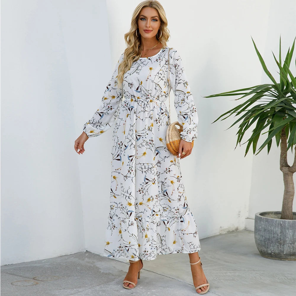 Boho Breeze Maxi Dress – Floral Chiffon, High Waist, Long Sleeve | Summer '23 Collection"
