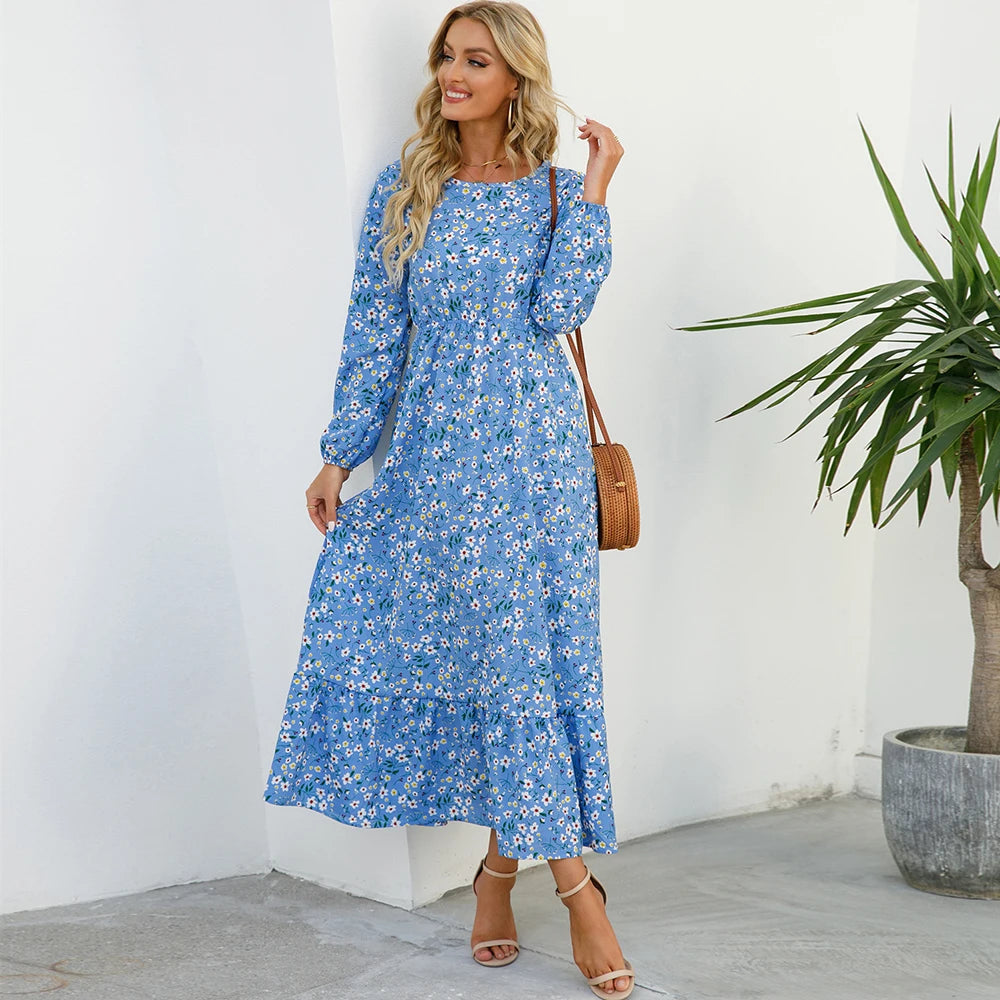 Boho Breeze Maxi Dress – Floral Chiffon, High Waist, Long Sleeve | Summer '23 Collection"