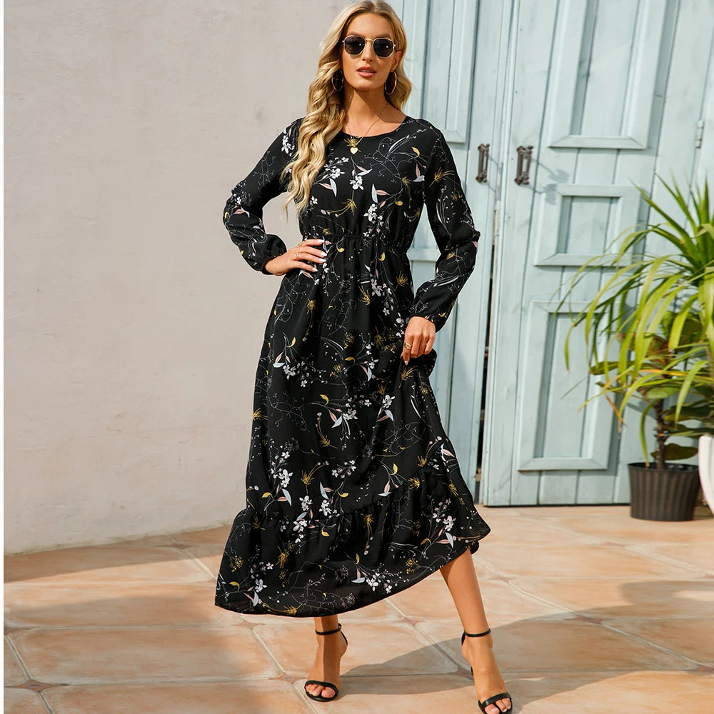 Boho Breeze Maxi Dress – Floral Chiffon, High Waist, Long Sleeve | Summer '23 Collection"