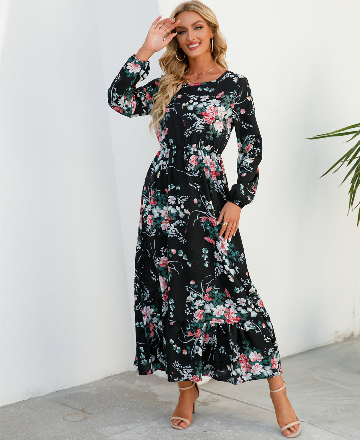 Boho Breeze Maxi Dress – Floral Chiffon, High Waist, Long Sleeve | Summer '23 Collection"