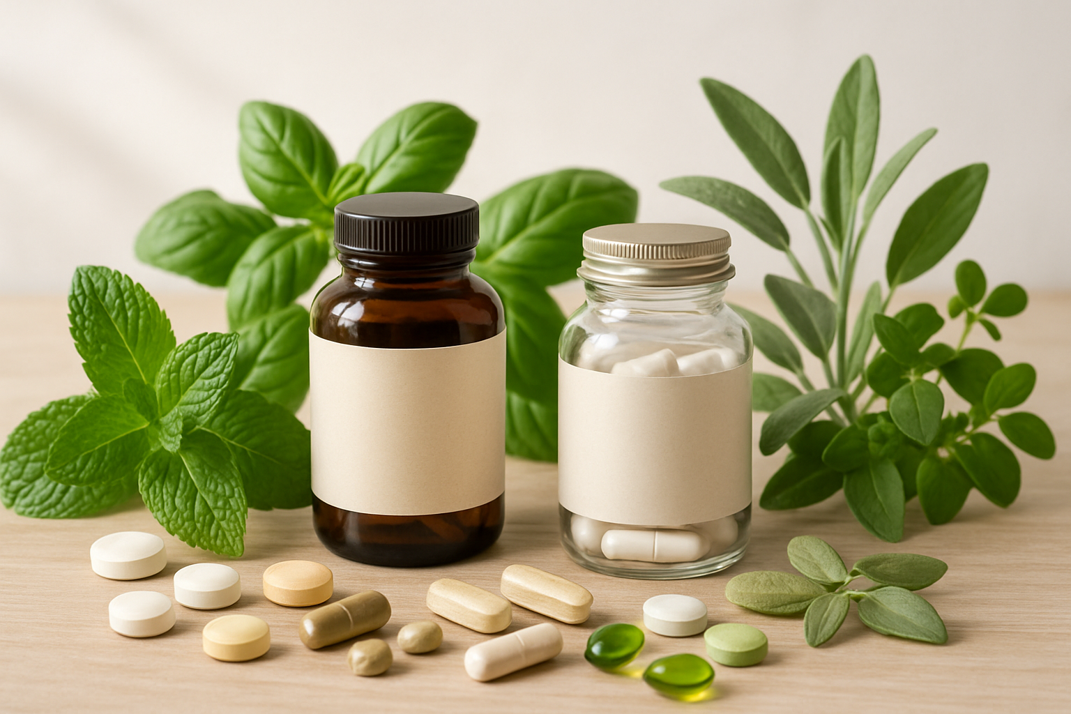 picture of plants and supplements boutle and pills without the name of supps on them